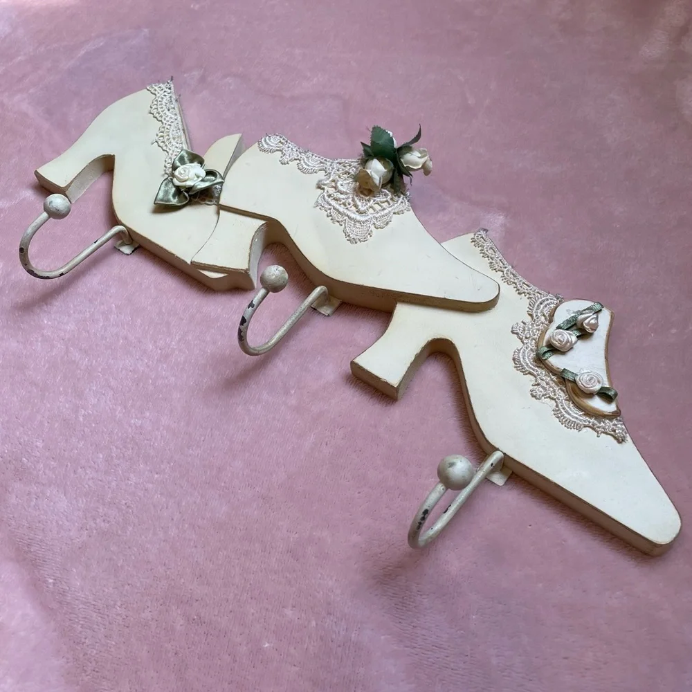 Vintage High Heels Wall Hooks Cream Color with Lace and Silk Roses Distressed
